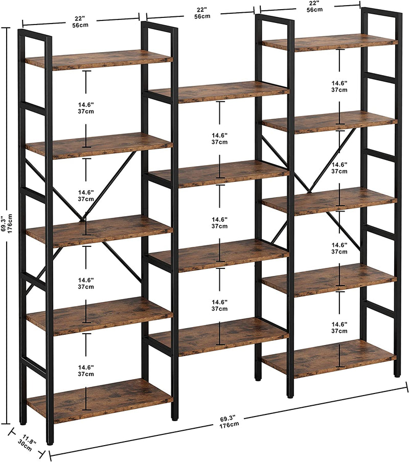 Triple Wide 5 Tiers Industrial Bookshelf