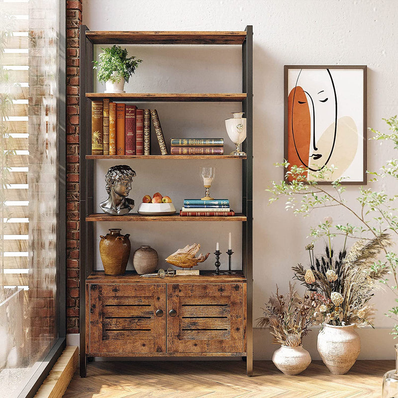 Industrial Bookshelf and Bookcase with 2 Louvered Doors and 4 Shelves